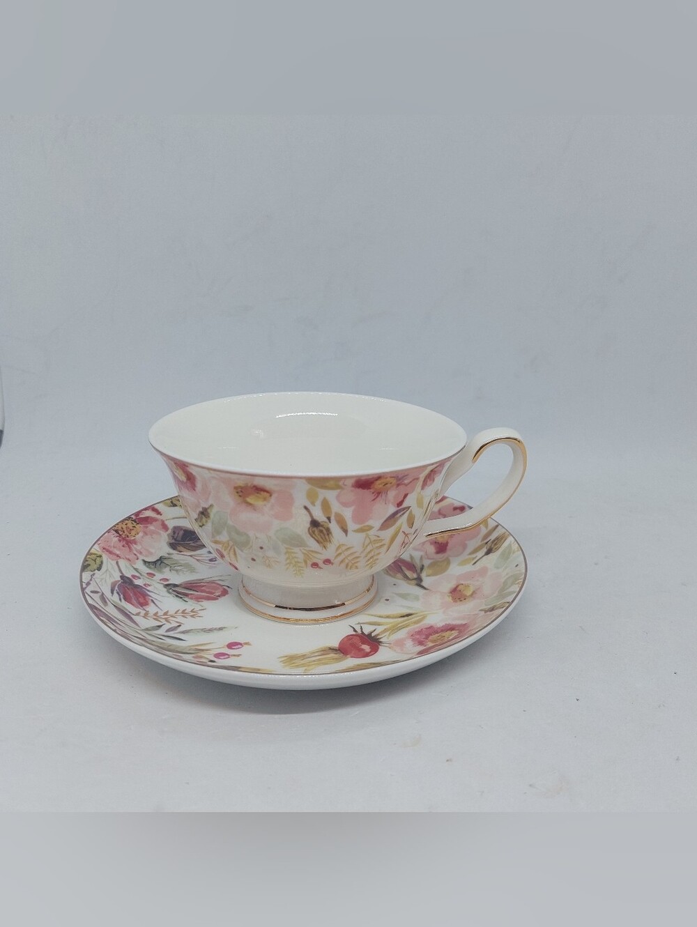 Grace Teaware Tea Coffee Cup And Saucer Set Light Pink Roses Flowers Gold Trim